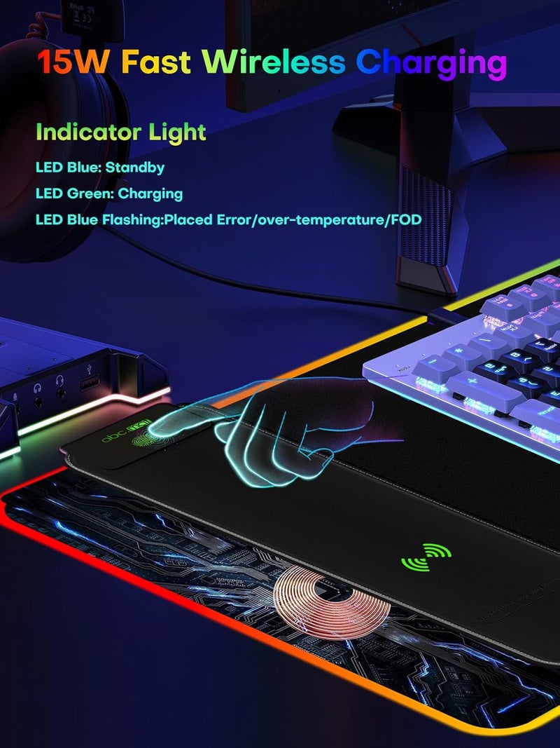 abc.mat 2-in-1 RGB Gaming Mouse Pad with Wireless Charging, 31.5"x15.8" Large, 24 Light Effects, Non-Slip Base, Waterproof Ultra-Smooth Surface, No Adapter - Image 4
